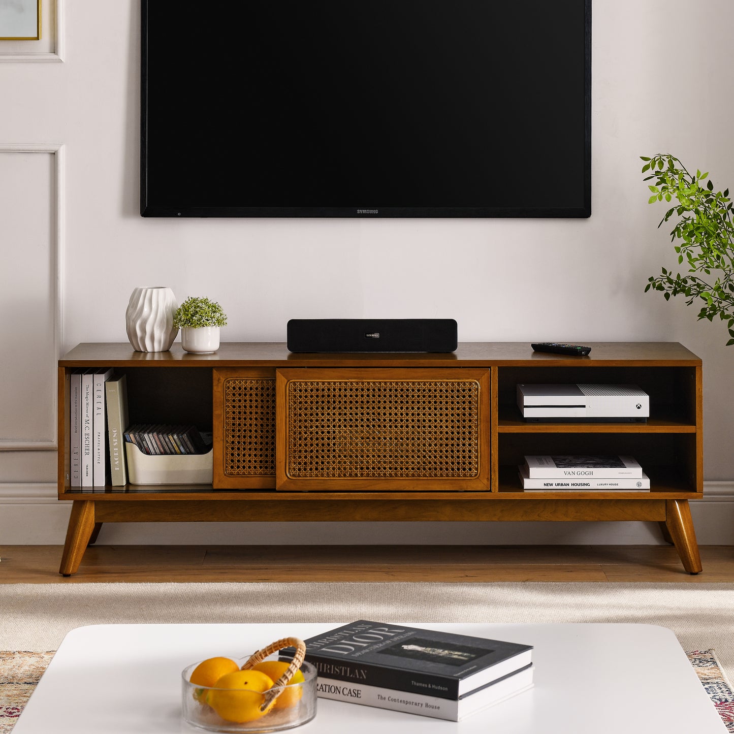 59" Brown Ebony TV Stand - Rattan TV Cabinet for Living Room