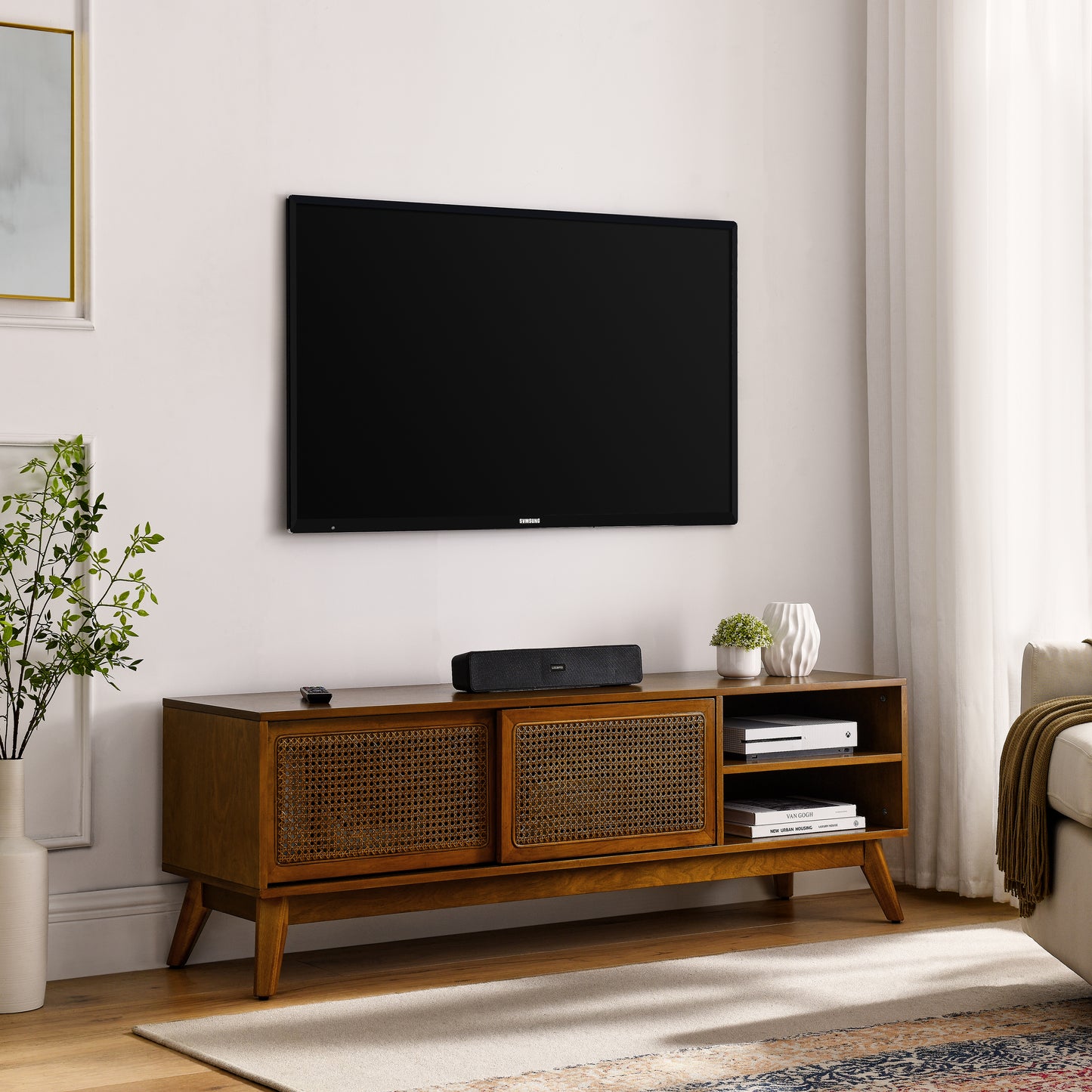 59" Brown Ebony TV Stand - Rattan TV Cabinet for Living Room