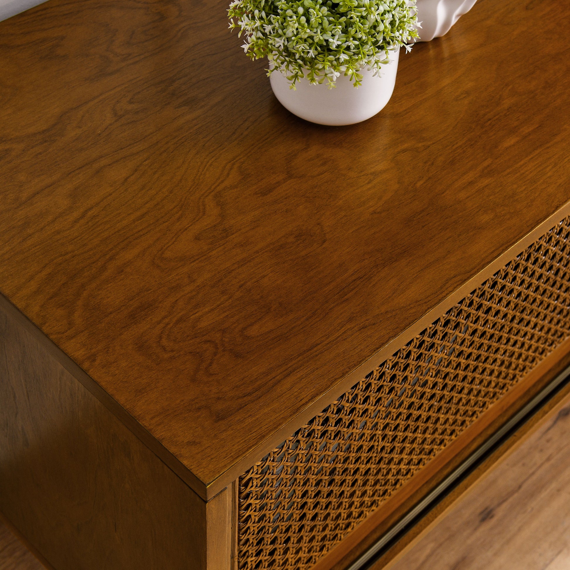 59" Brown Ebony TV Stand - Rattan TV Cabinet for Living Room
