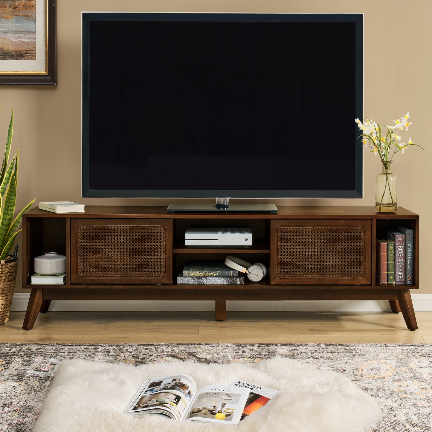 67.9 Inch Mid Century Modern Rattan TV Stand for TVs up to 75", Entertainment Cabinet, Media Console for Living Room Media Room, Solid Wood Feet & Rattan Cabinet Doors - Walnut