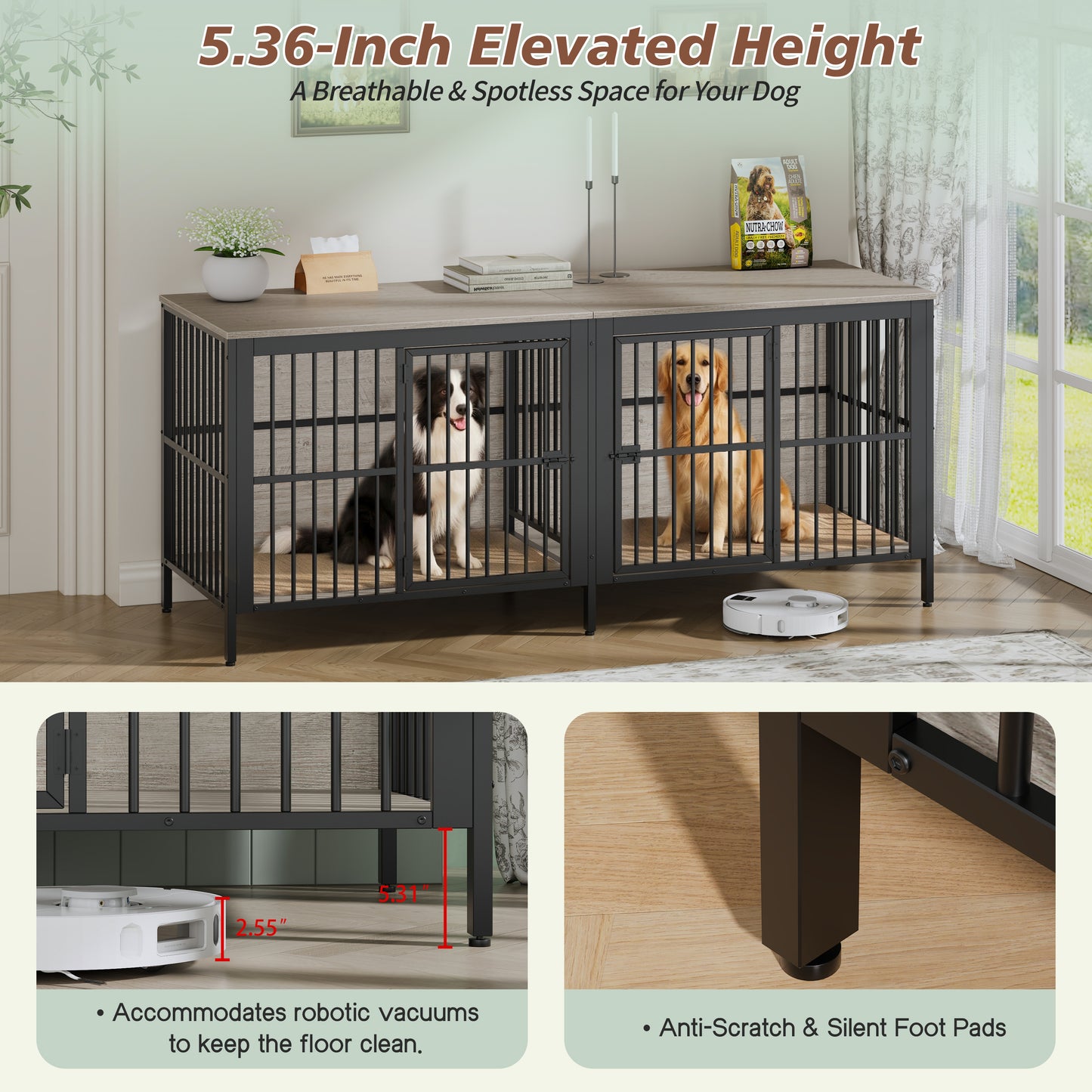 Grey Dog Crate End Table - 2 Door Pet Kennel for Living Room