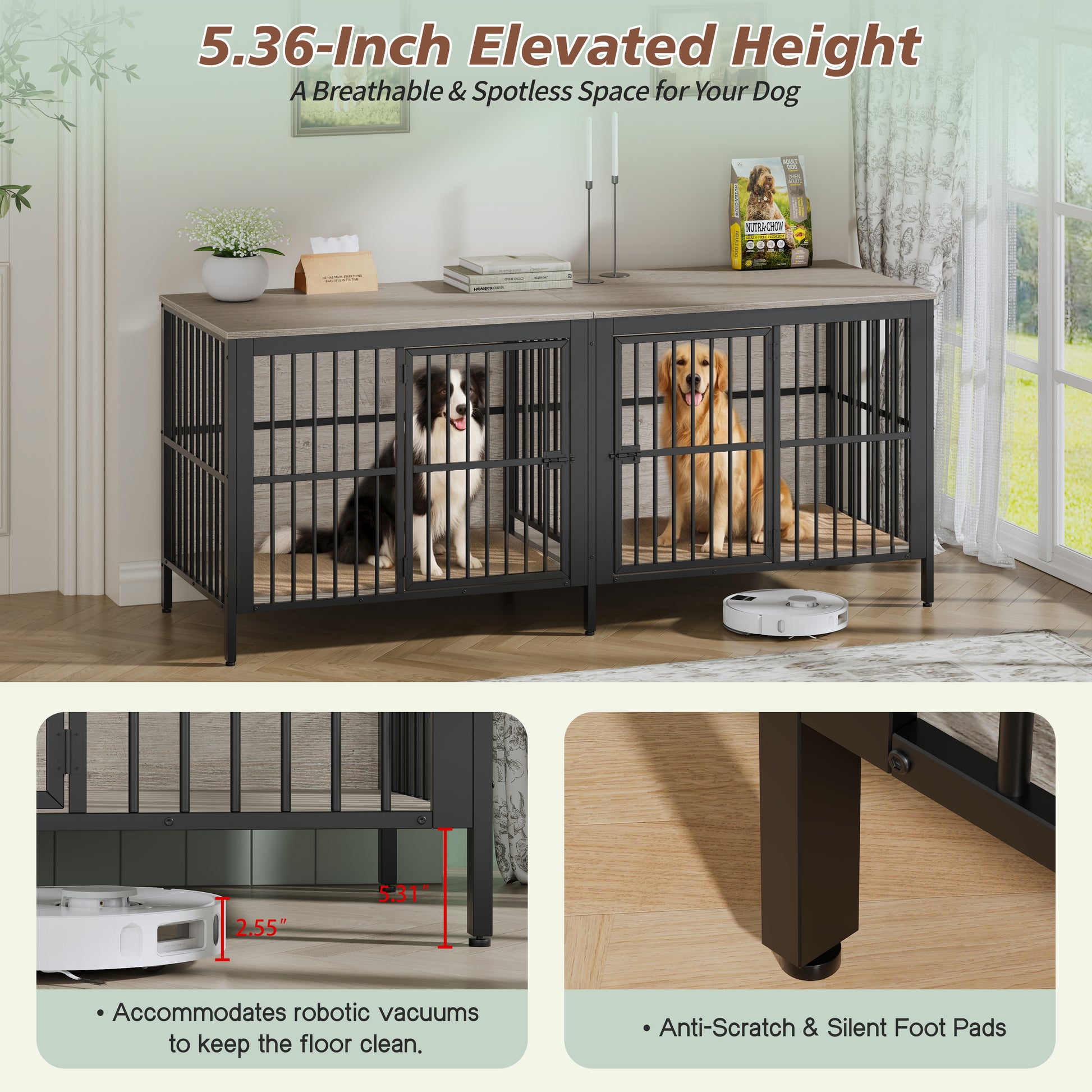Grey Dog Crate End Table - 2 Door Pet Kennel for Living Room
