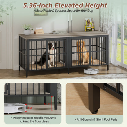 Grey Dog Crate End Table - 2 Door Pet Kennel for Living Room