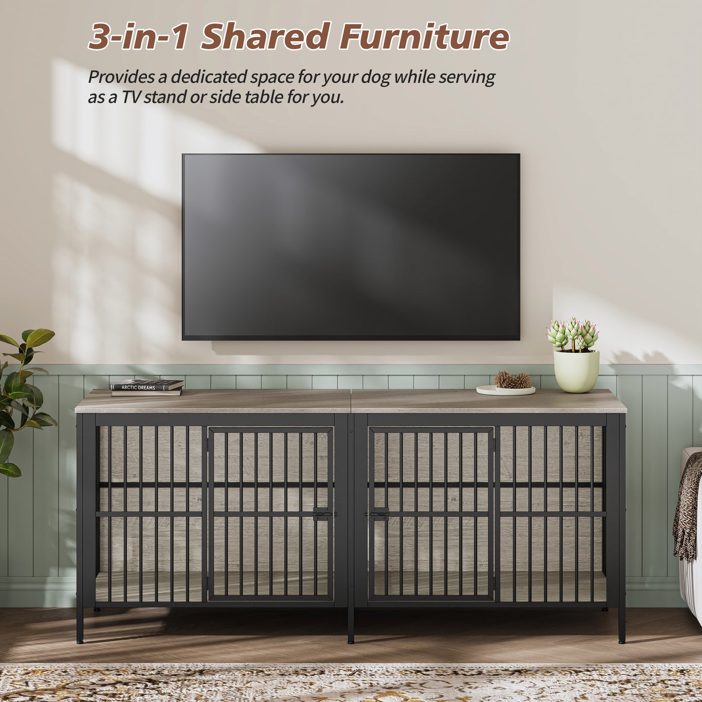 Grey Dog Crate End Table - 2 Door Pet Kennel for Living Room