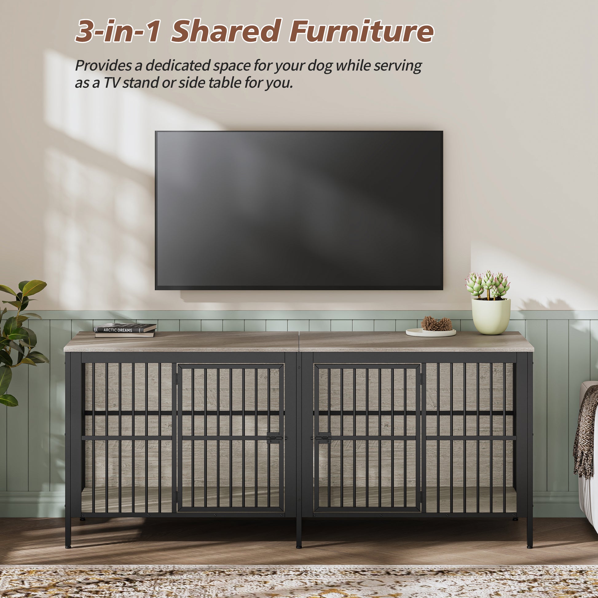 Grey Dog Crate End Table - 2 Door Pet Kennel for Living Room