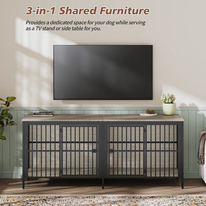 Grey Dog Crate End Table - 2 Door Pet Kennel for Living Room