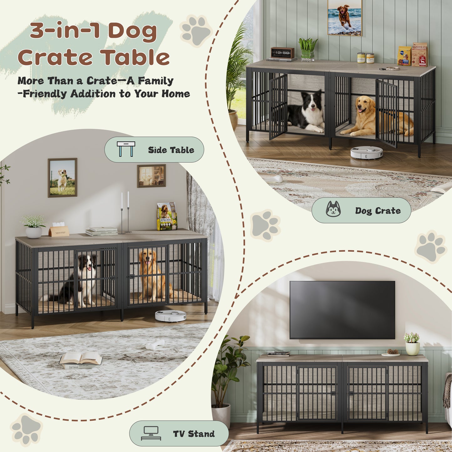 Grey Dog Crate End Table - 2 Door Pet Kennel for Living Room