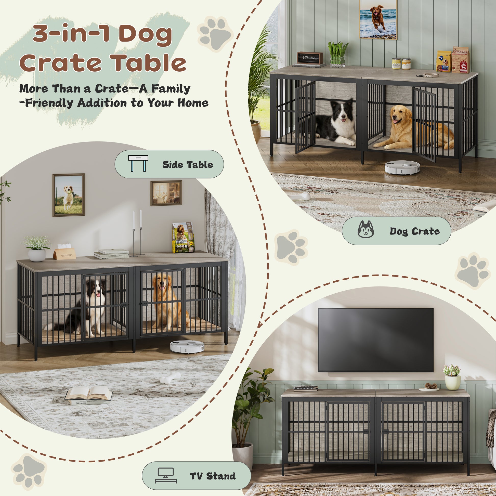 Grey Dog Crate End Table - 2 Door Pet Kennel for Living Room