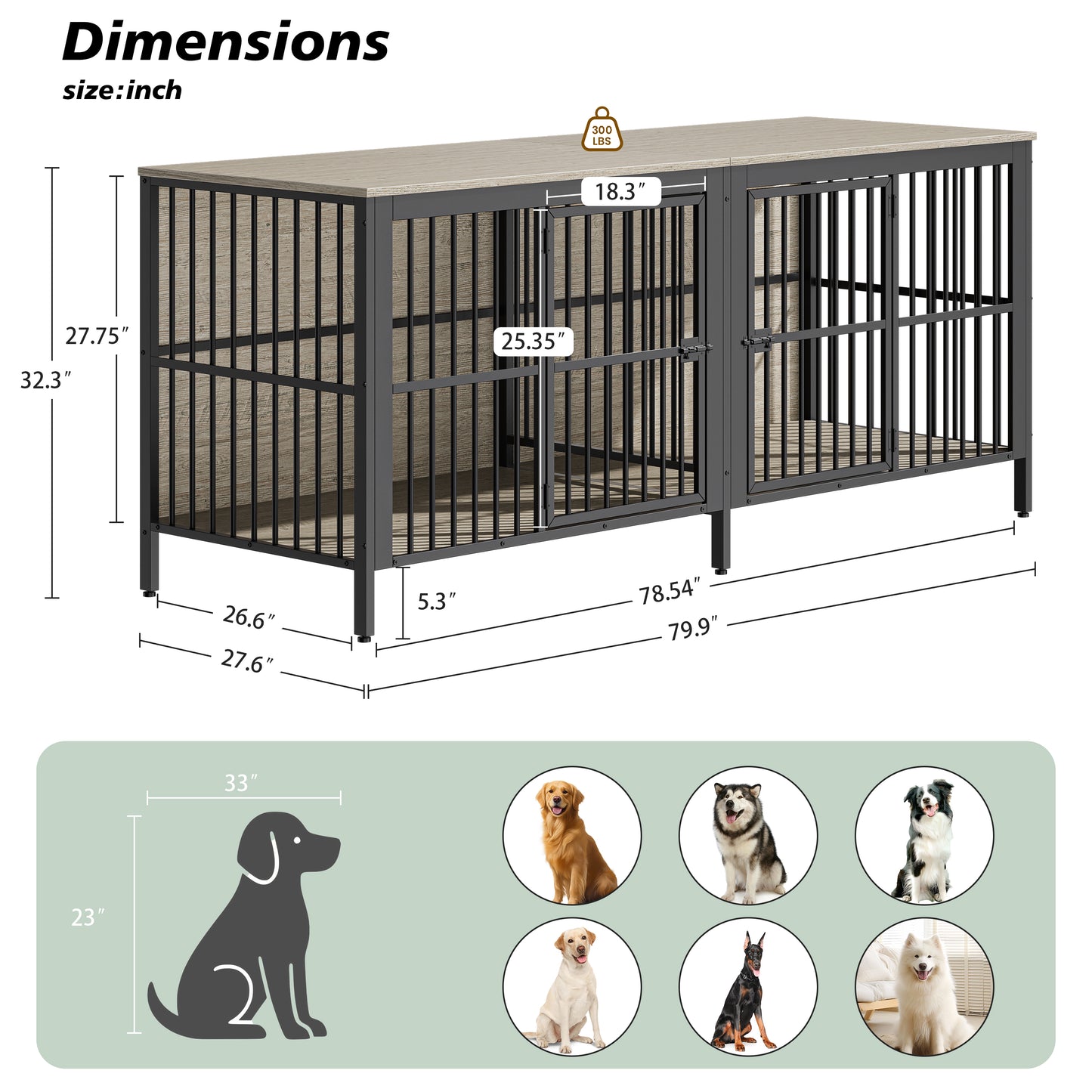 Grey Dog Crate End Table - 2 Door Pet Kennel for Living Room
