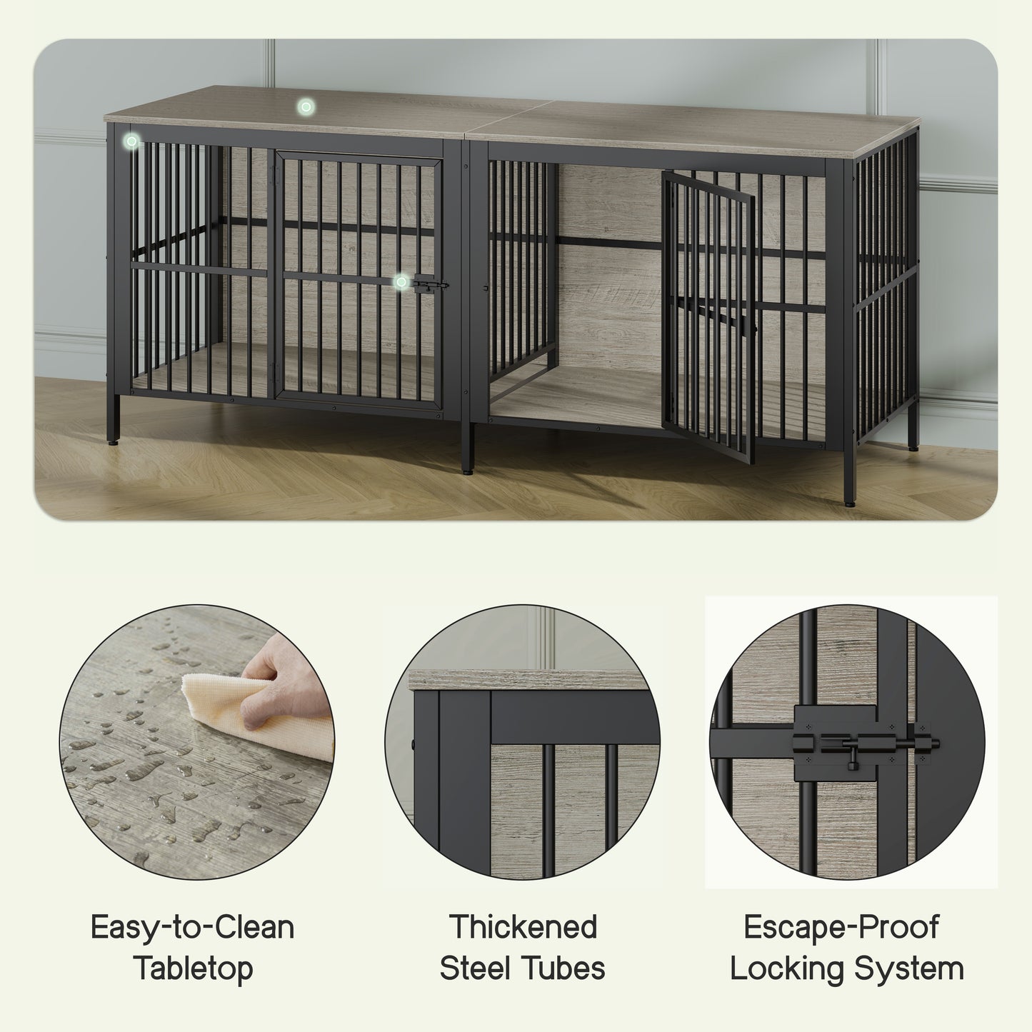 Grey Dog Crate End Table - 2 Door Pet Kennel for Living Room