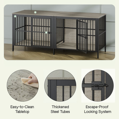 Grey Dog Crate End Table - 2 Door Pet Kennel for Living Room