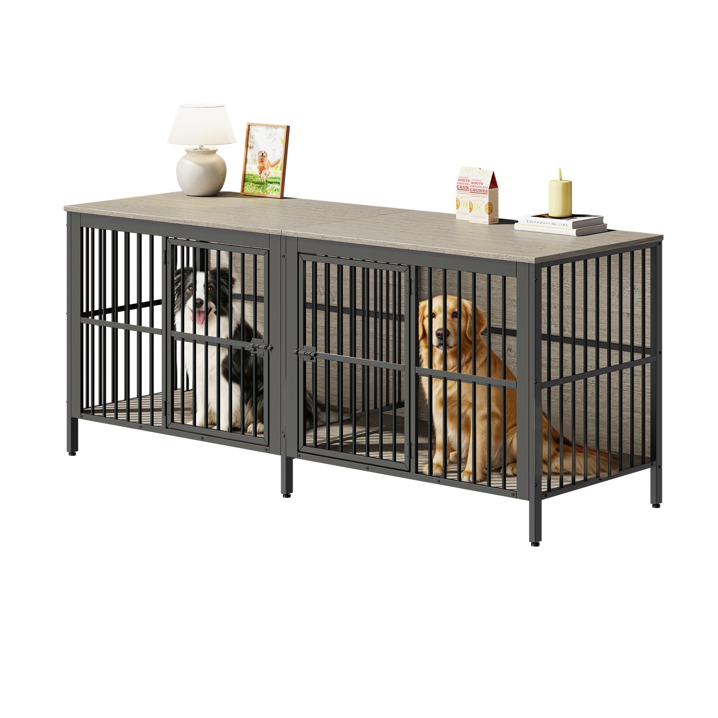 Grey Dog Crate End Table - 2 Door Pet Kennel for Living Room
