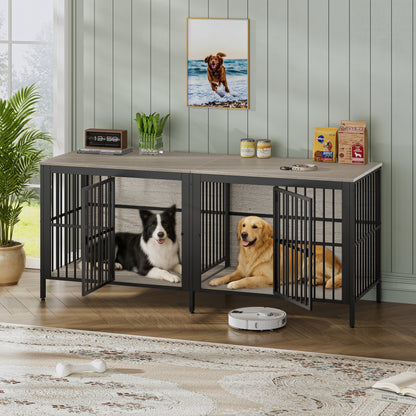 80" Dog Crate End Table, Heavy Duty 2-Door Indoor Pet Kennel, Multipurpose Dog House Furniture as TV Stand or Side Table for Living Room, Large & Medium Dogs, Grey.
