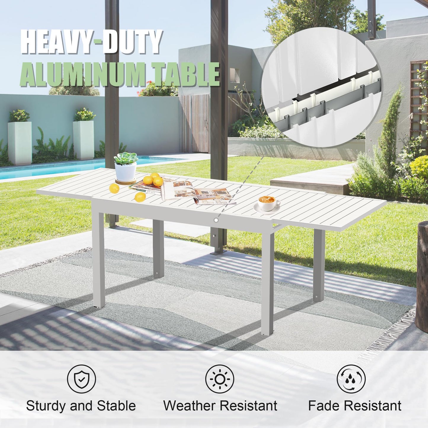 Ivory White Aluminum Extendable Patio Dining Table for Outdoor Living