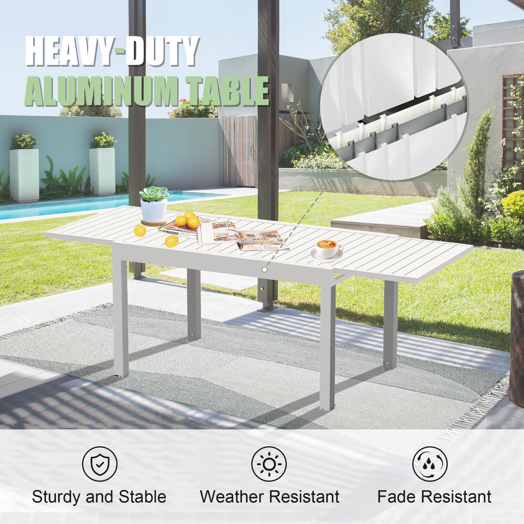 Ivory White Aluminum Extendable Patio Dining Table for Outdoor Living