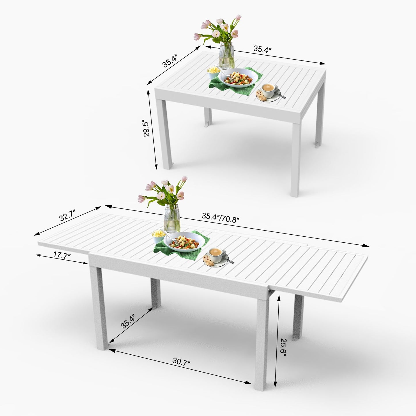 Ivory White Aluminum Extendable Patio Dining Table for Outdoor Living