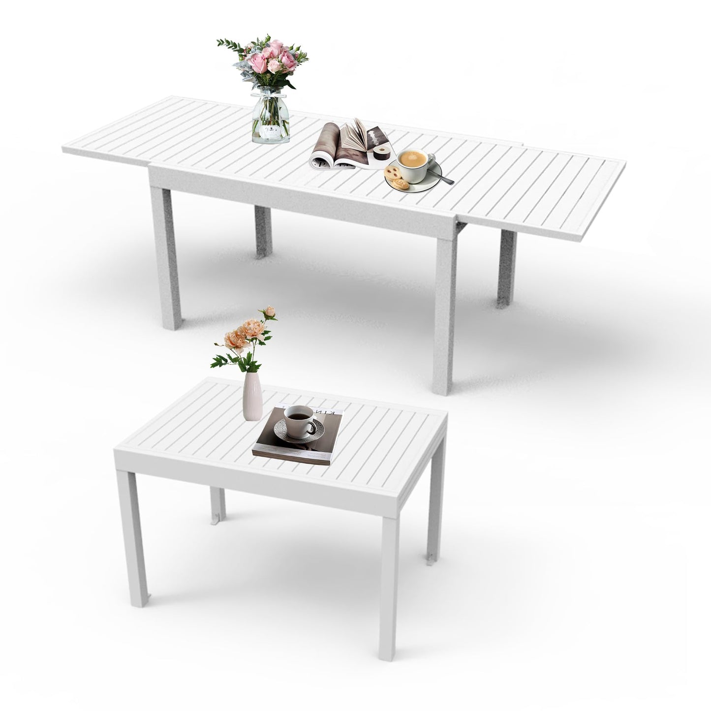 Aluminum Patio Extendable Dining Table 35"- 71", Adjustable Indoor Outdoor Patio Dining Table with E-Coating for 4-6 Person Garden Lawn Porch Bistro Furniture, Elegant Ivory White