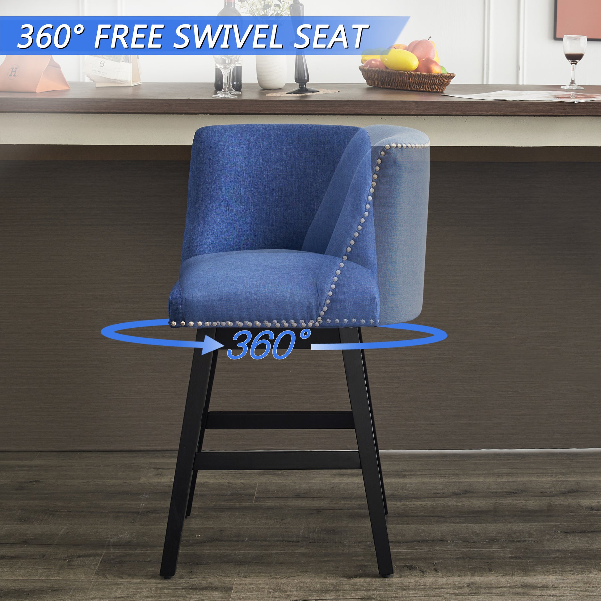 Dark Blue Bar Stools - 2 Swivel Chairs for Kitchen Island