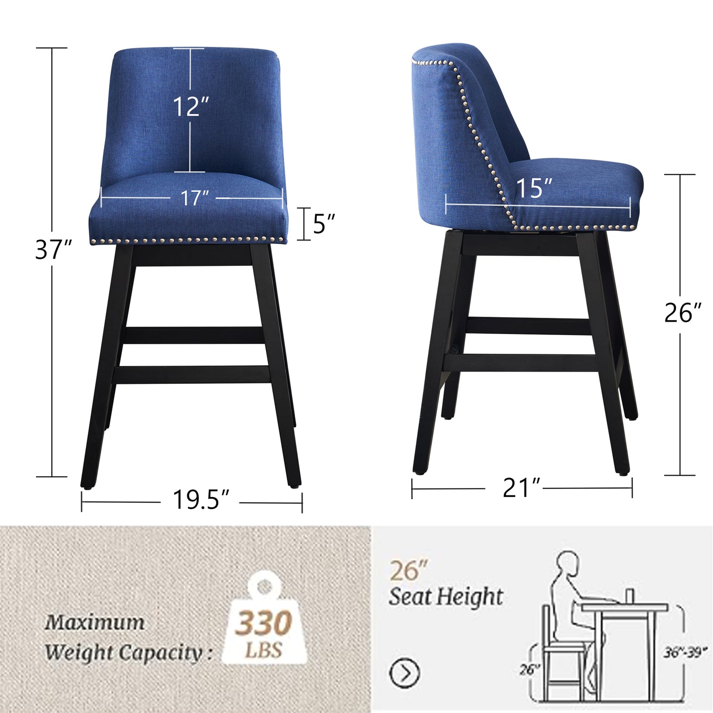 Dark Blue Bar Stools - 2 Swivel Chairs for Kitchen Island