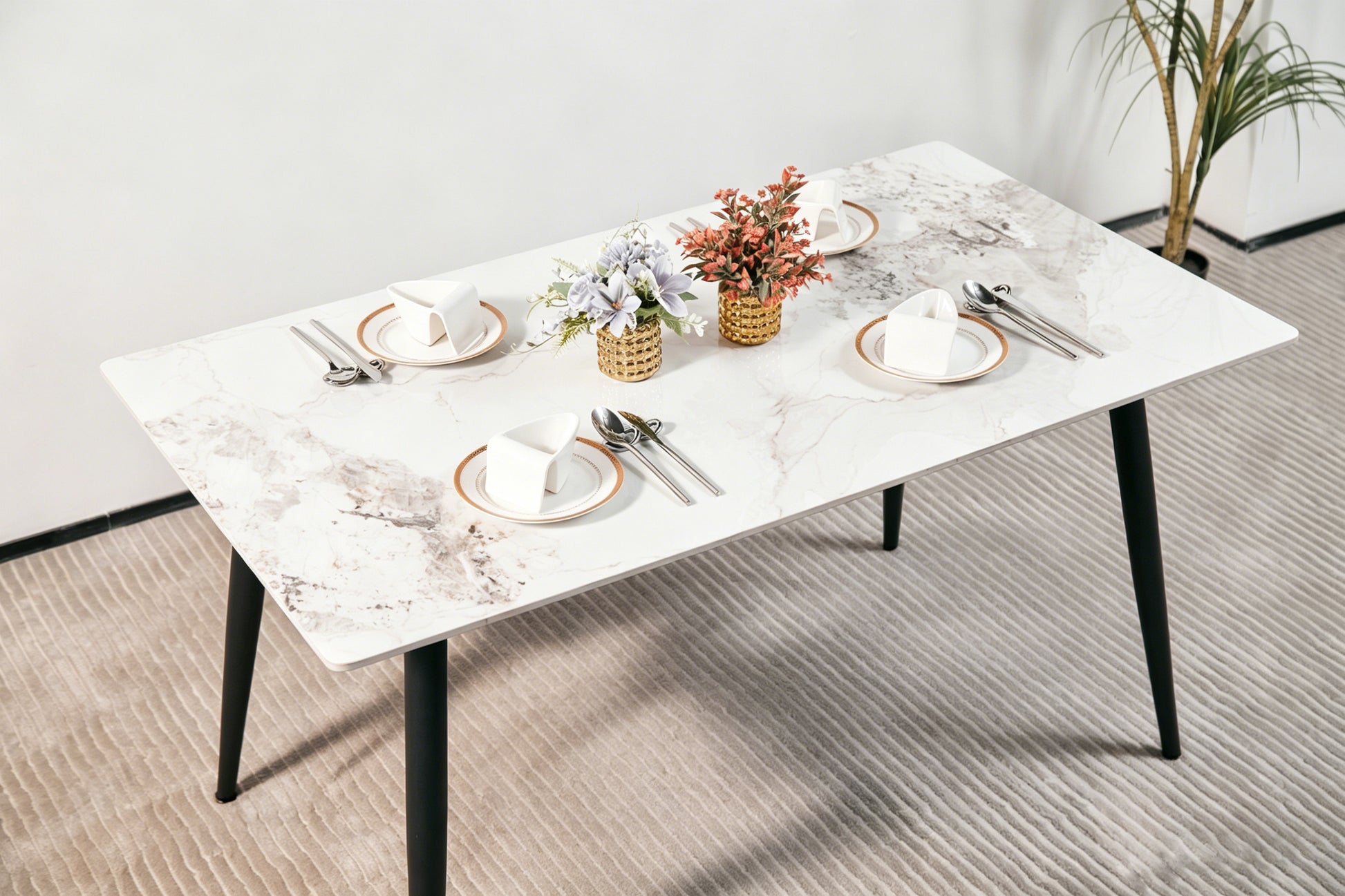 Modern Minimalist Dining Table(1.4M) with White Sintered Stone Top and Sleek Black Tapered Metal Legs for a Contemporary Kitchen or Dining Room