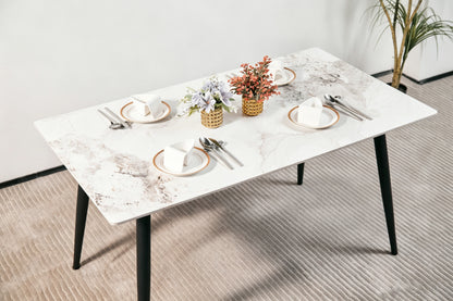 Modern Minimalist Dining Table(1.4M) with White Sintered Stone Top and Sleek Black Tapered Metal Legs for a Contemporary Kitchen or Dining Room