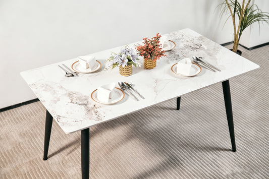 Modern Minimalist Dining Table(1.4M) with White Sintered Stone Top and Sleek Black Tapered Metal Legs for a Contemporary Kitchen or Dining Room