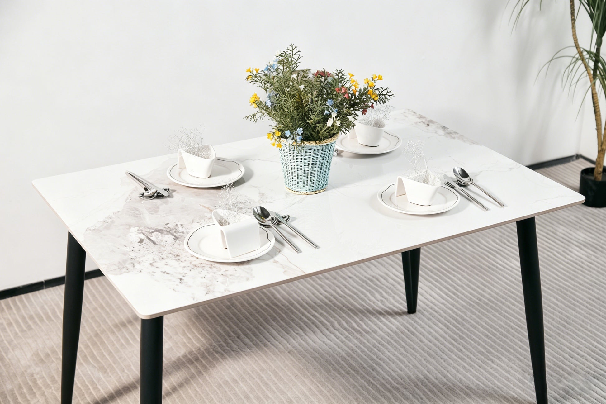 Modern Minimalist Dining Table(1.2m) with White Sintered Stone Top and Sleek Black Tapered Metal Legs for a Contemporary Kitchen or Dining Room