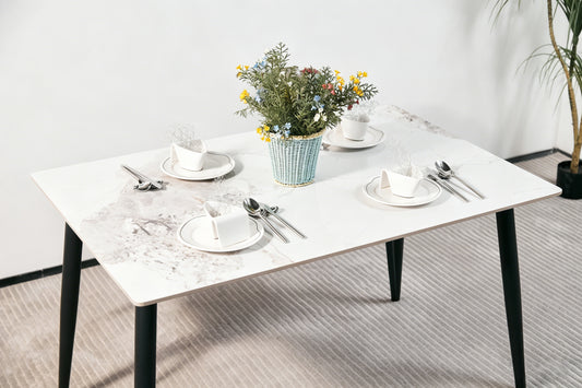 Modern Minimalist Dining Table(1.2m) with White Sintered Stone Top and Sleek Black Tapered Metal Legs for a Contemporary Kitchen or Dining Room