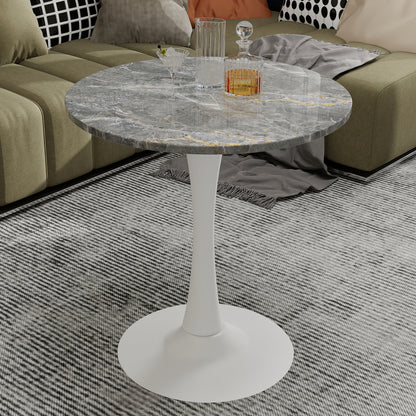 27.6-inch white coffee table, mid-century modern style dining table, accommodates 2-4 people, featuring a round dark gray veined marble tabletop, suitable for various settings.