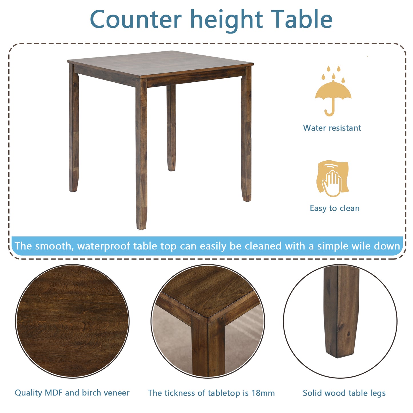 Walnut Acacia Square Dining Table, 34.5" x 34.5" x 36"