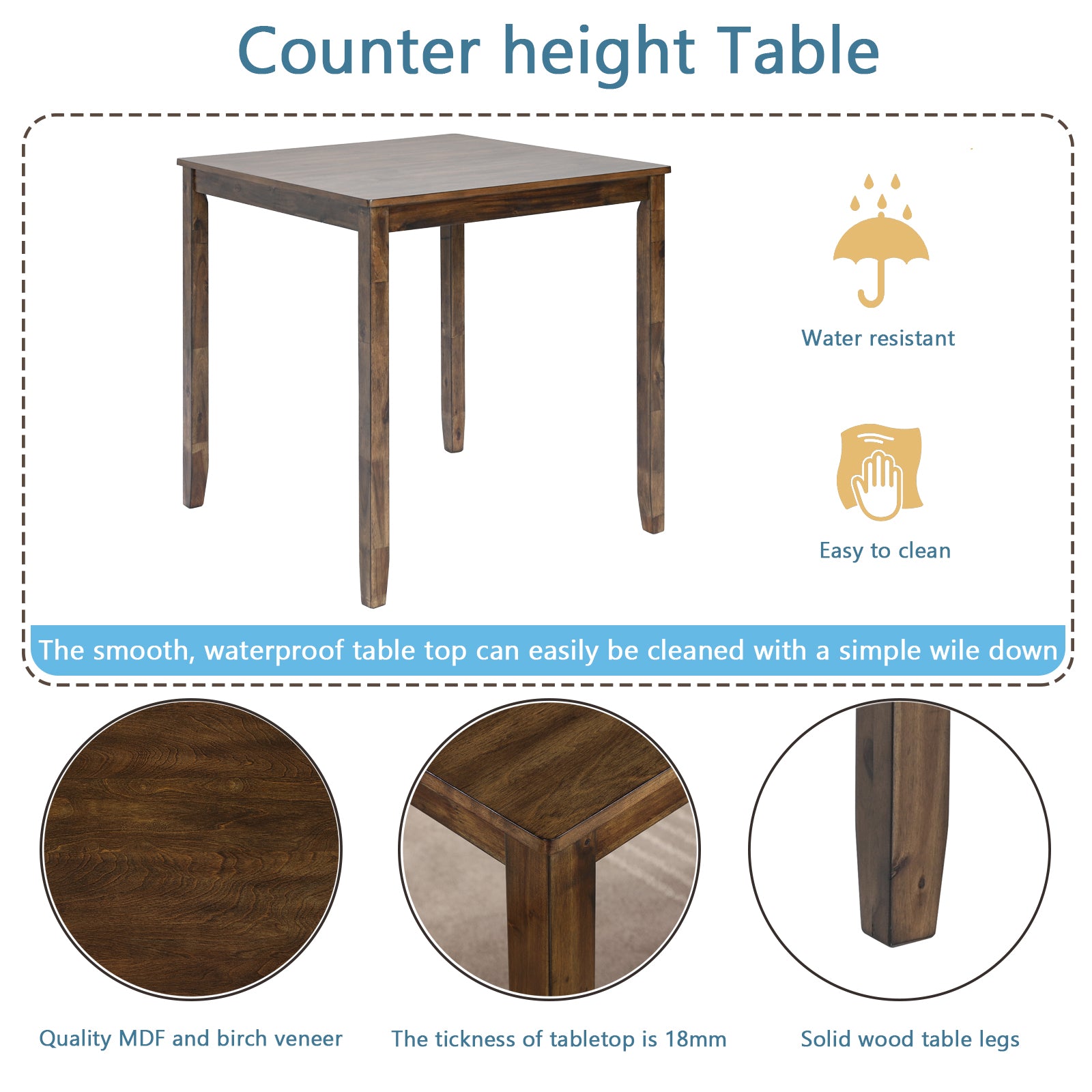 Walnut Acacia Square Dining Table, 34.5" x 34.5" x 36"