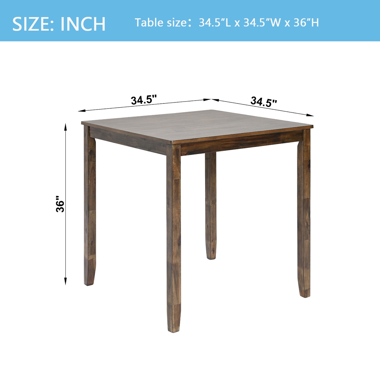 Walnut Acacia Square Dining Table, 34.5" x 34.5" x 36"