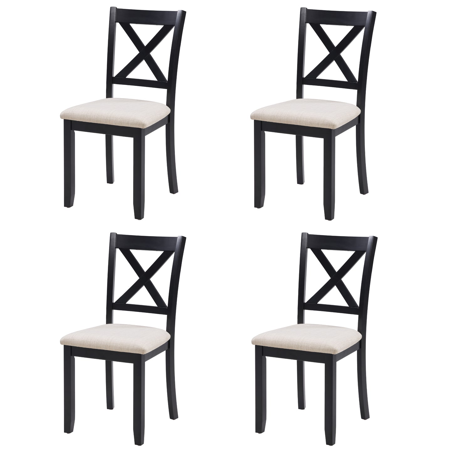 Wooden Dining Chairs Set of 4 - Beige & Black, Padded Seat