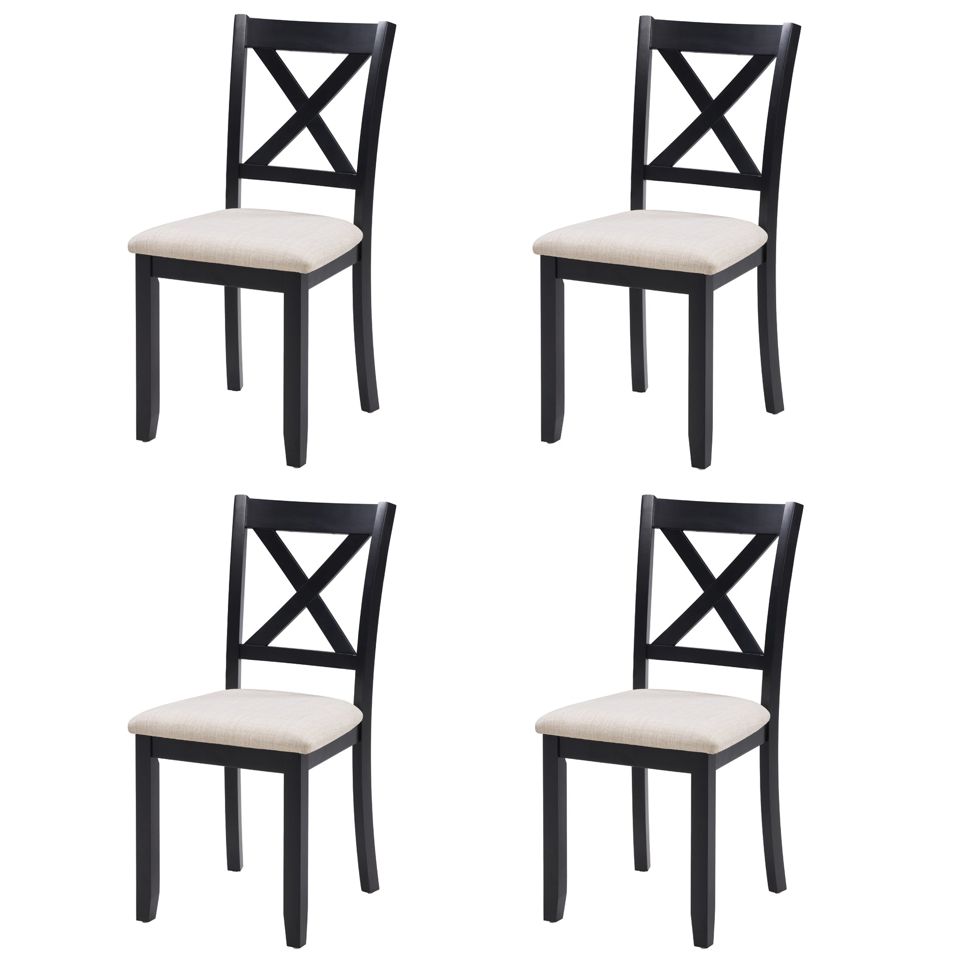 Wooden Dining Chairs Set of 4 - Beige & Black, Padded Seat