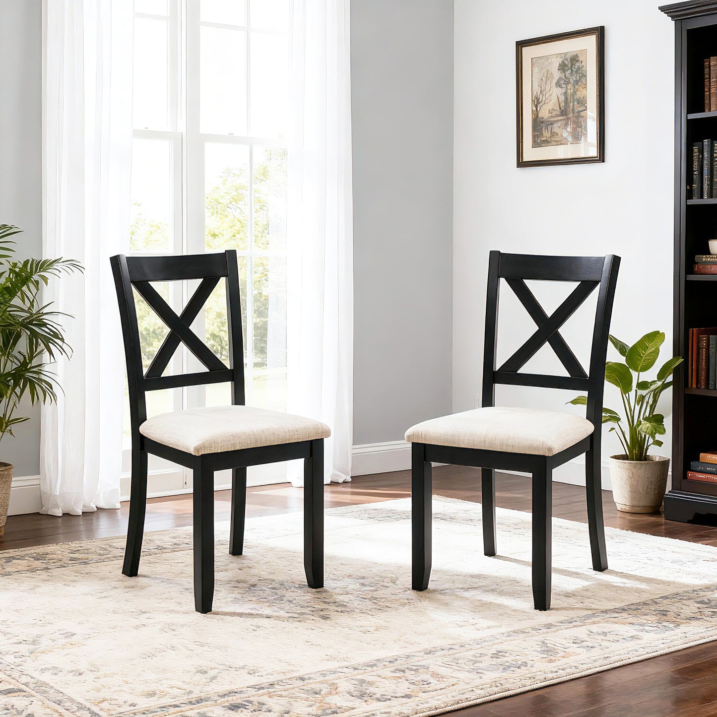 Wooden Dining Chairs Set of 4 - Beige & Black, Padded Seat
