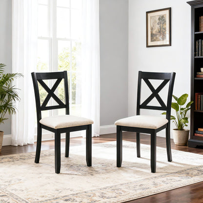 Wooden Dining Chairs Set of 4 - Beige & Black, Padded Seat