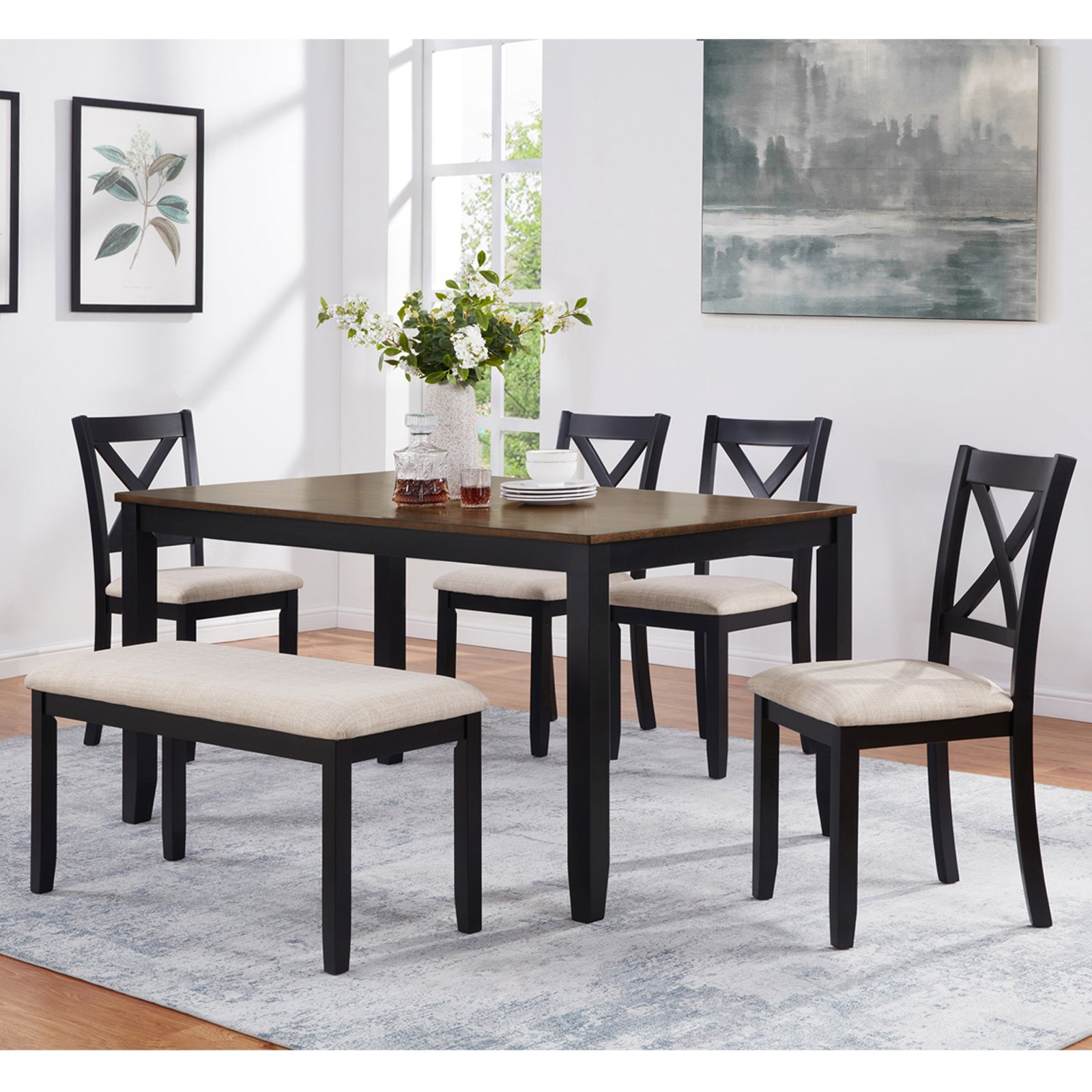 Wooden Dining Chairs Set of 4 - Beige & Black, Padded Seat