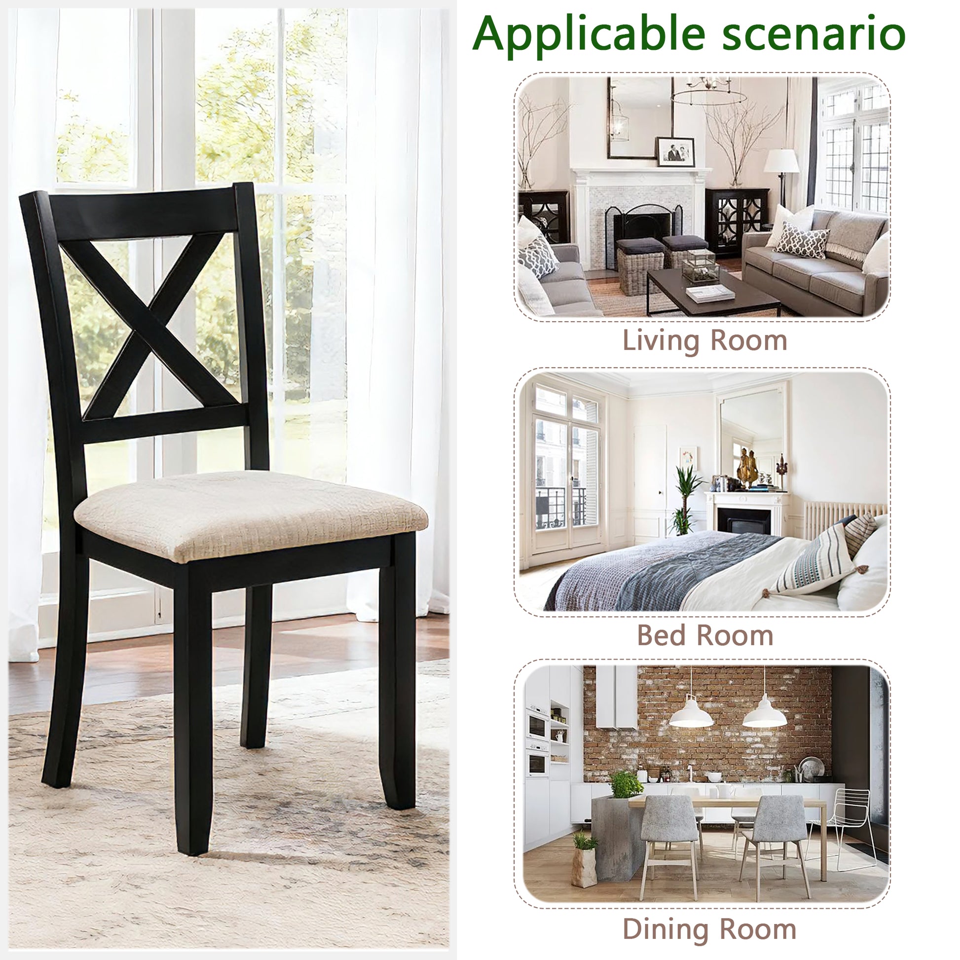 Wooden Dining Chairs Set of 4 - Beige & Black, Padded Seat