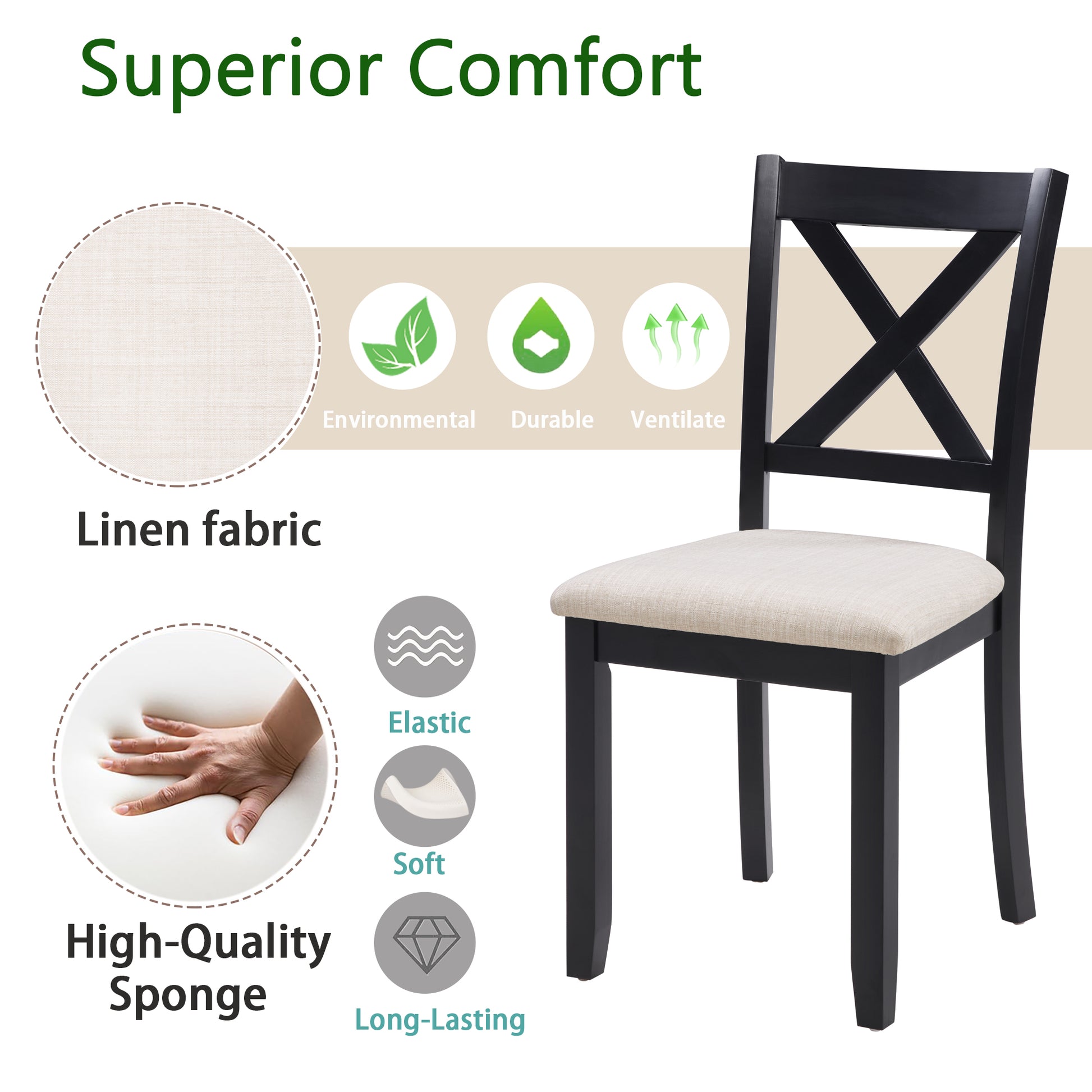 Wooden Dining Chairs Set of 4 - Beige & Black, Padded Seat
