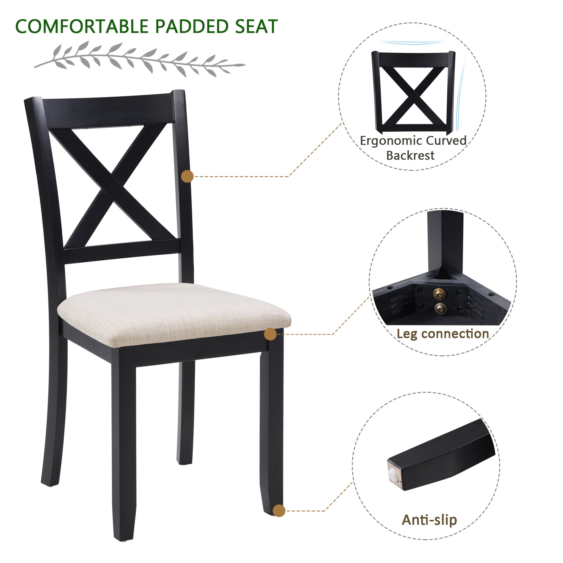 Wooden Dining Chairs Set of 4 - Beige & Black, Padded Seat
