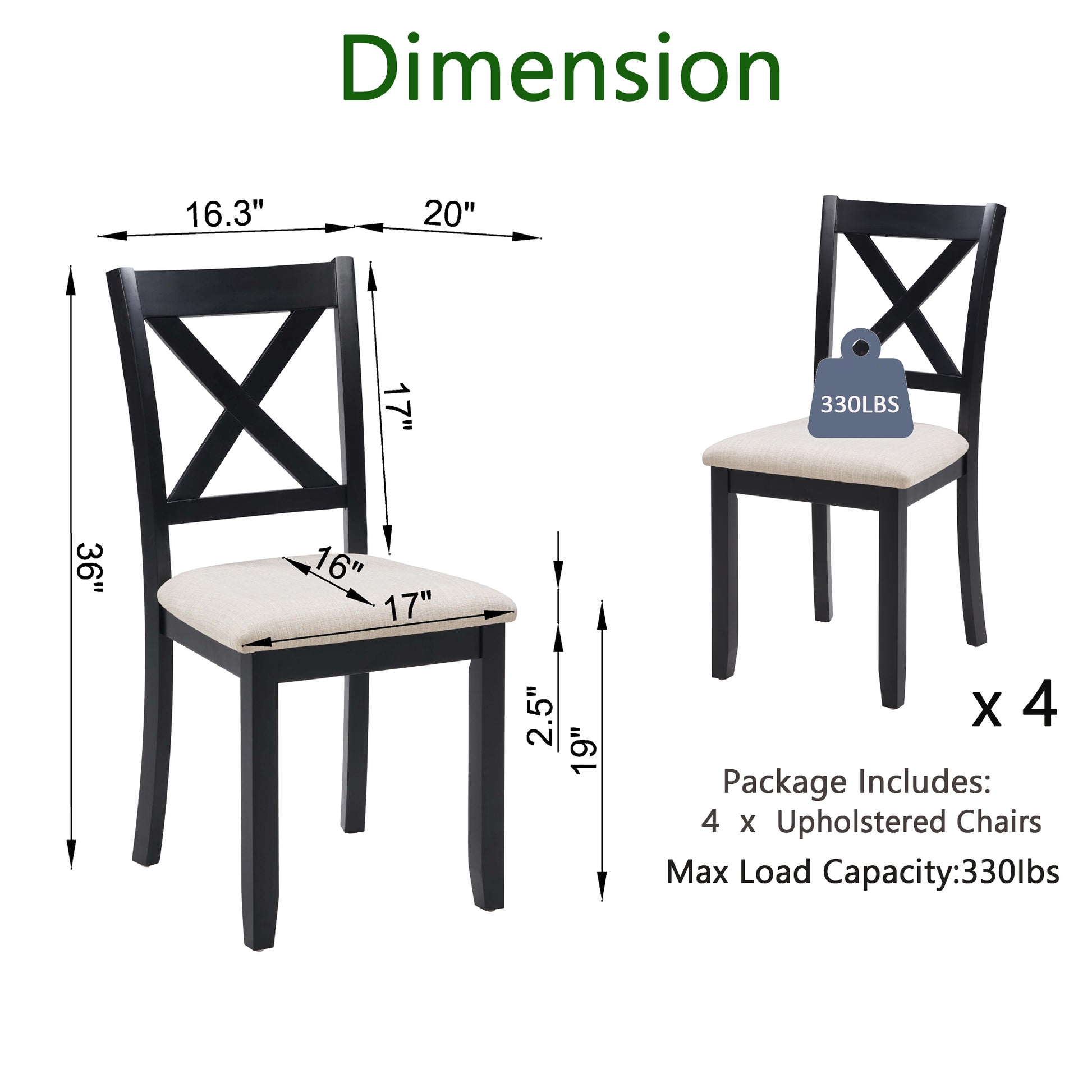 Wooden Dining Chairs Set of 4 - Beige & Black, Padded Seat