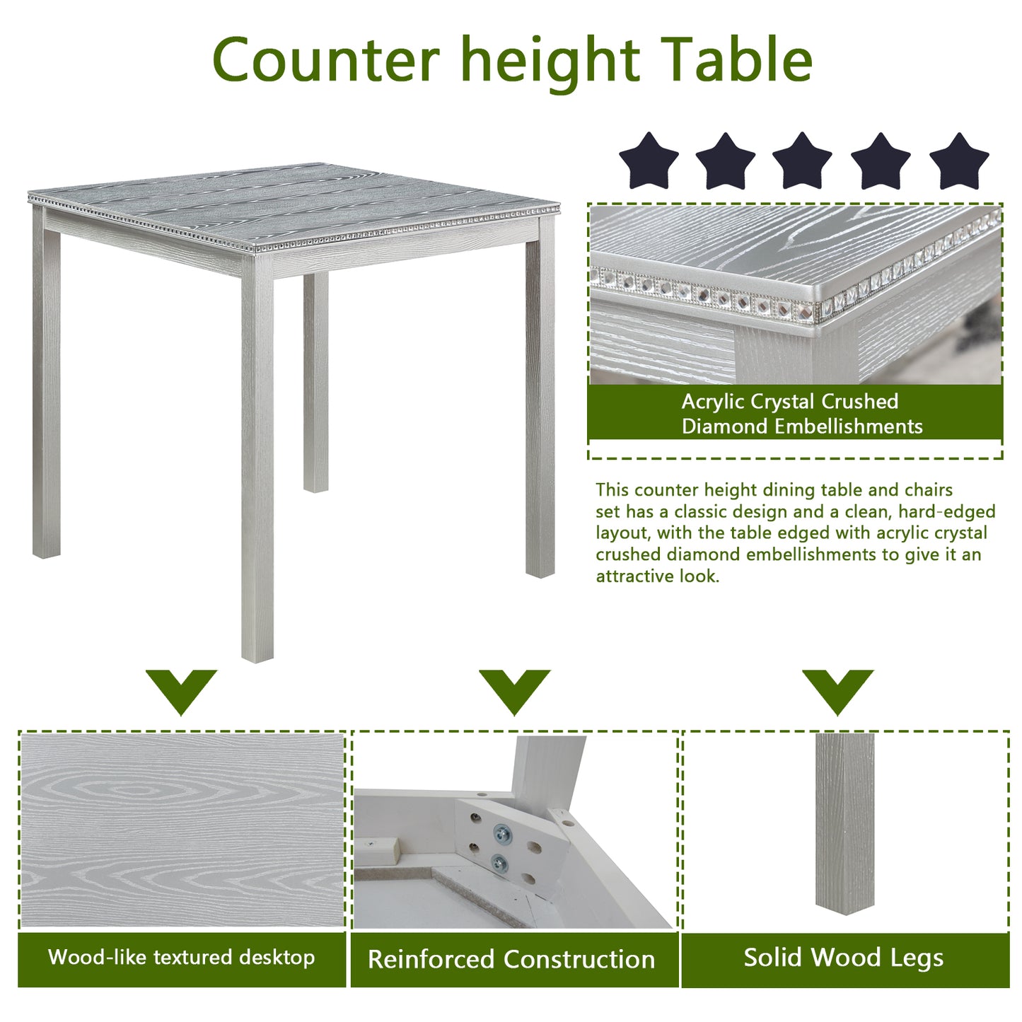 Modern Square Dining Table, Counter Height for Kitchen or Dining Room