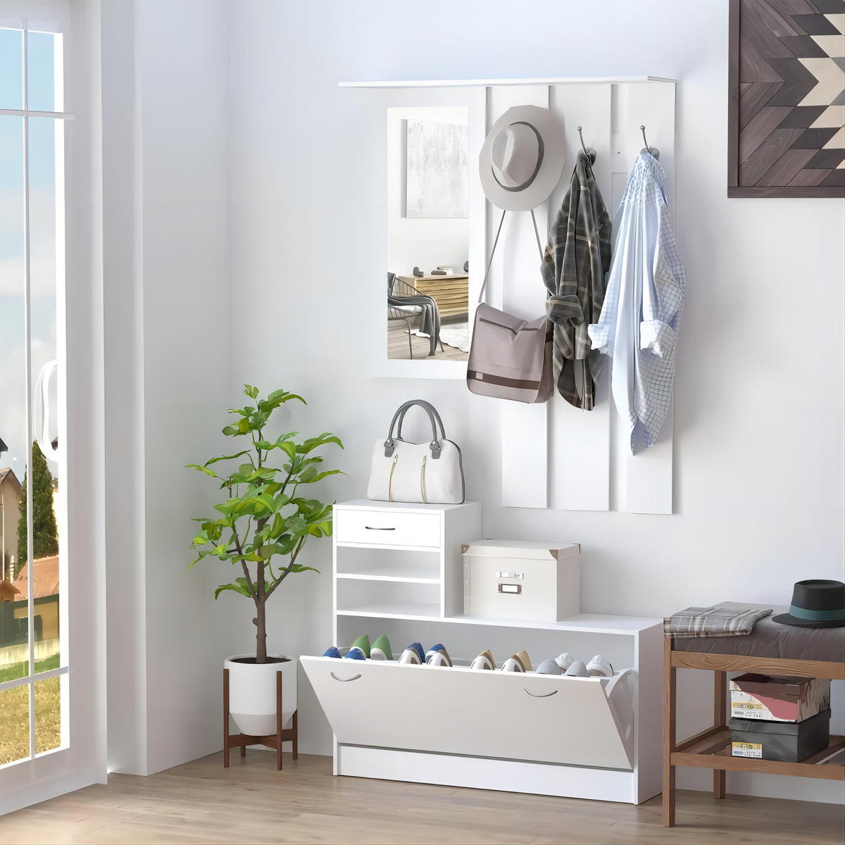 Modern Melamine Entryway Cabinet with Mirror Storage for Coats for Living Room