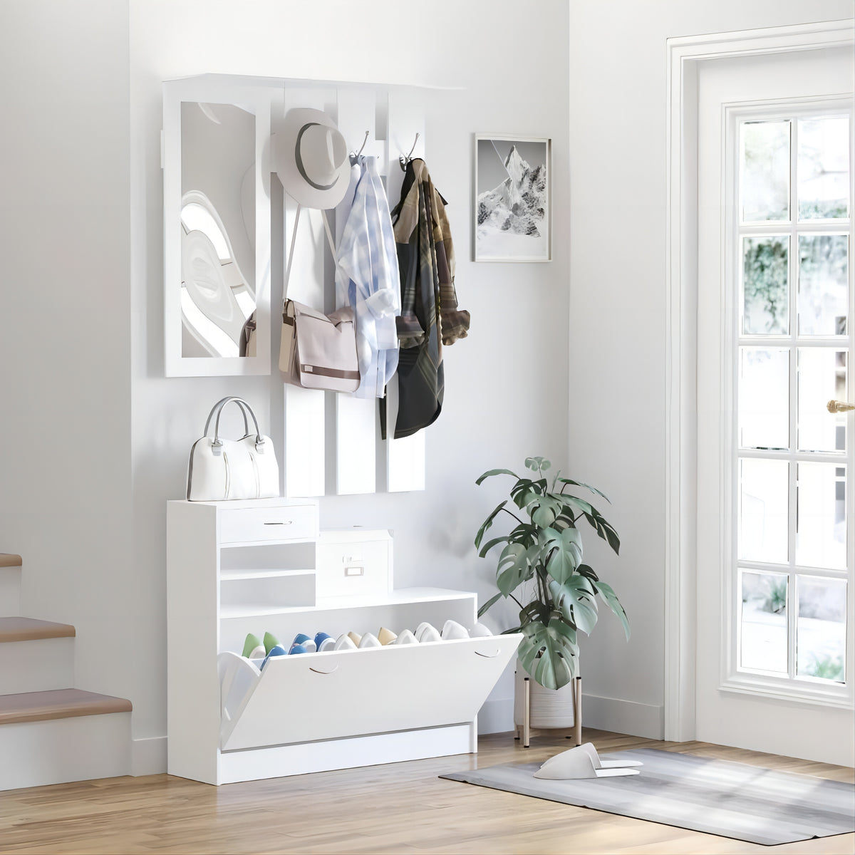 Modern Melamine Entryway Cabinet with Mirror Storage for Coats for Living Room