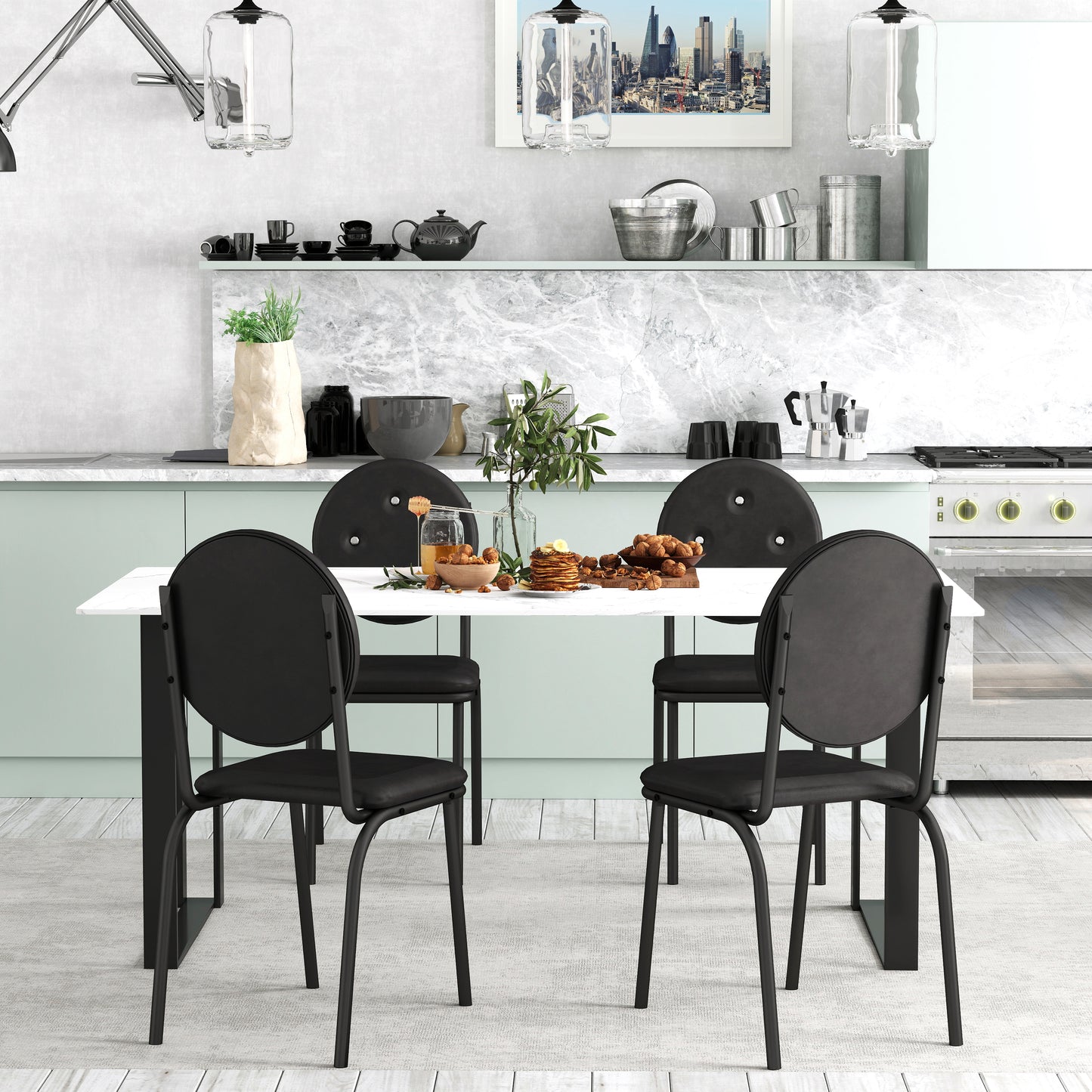 Black Metal Dining Chairs Set of 4 with Faux Leather Seats for Kitchen