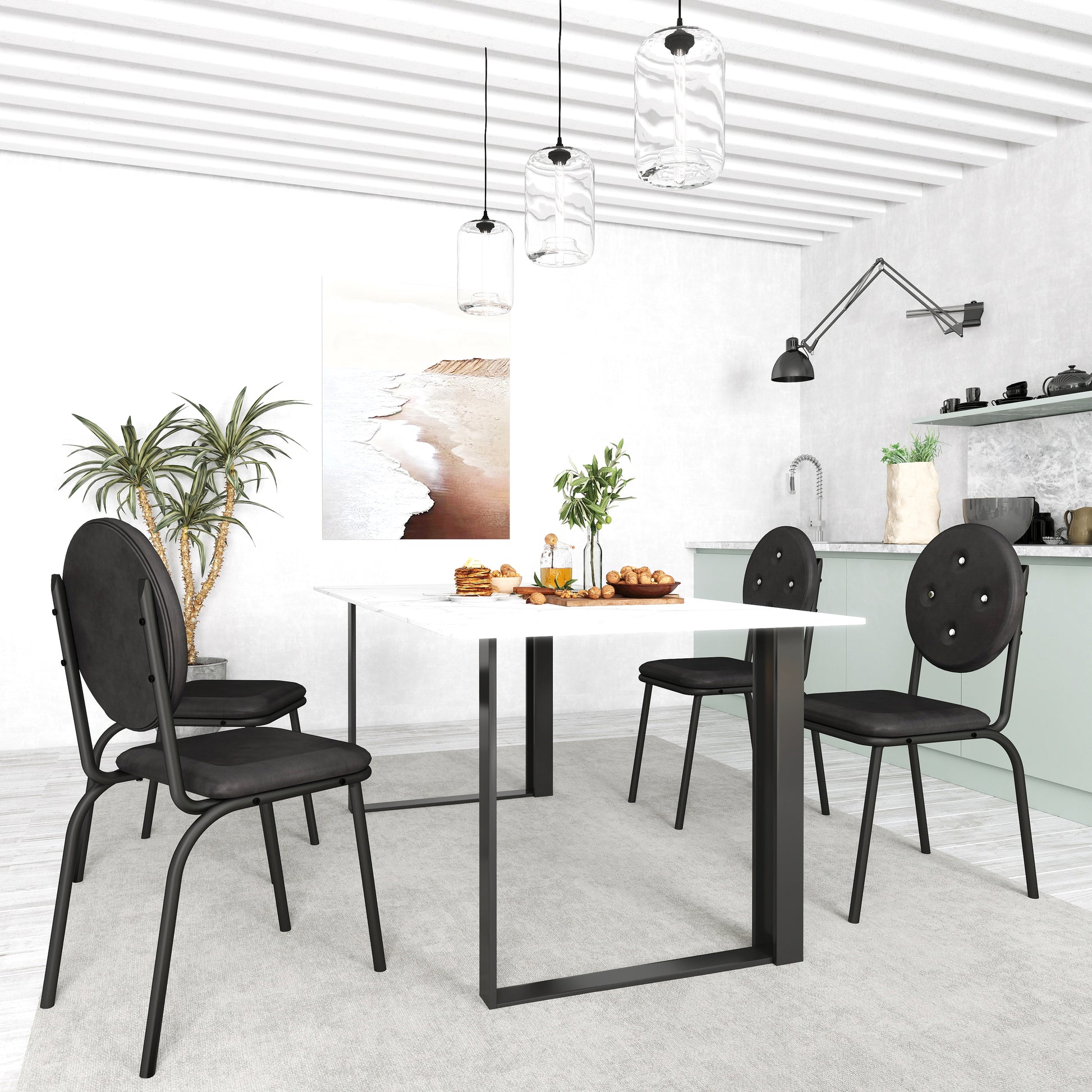 Black Metal Dining Chairs Set of 4 with Faux Leather Seats for Kitchen