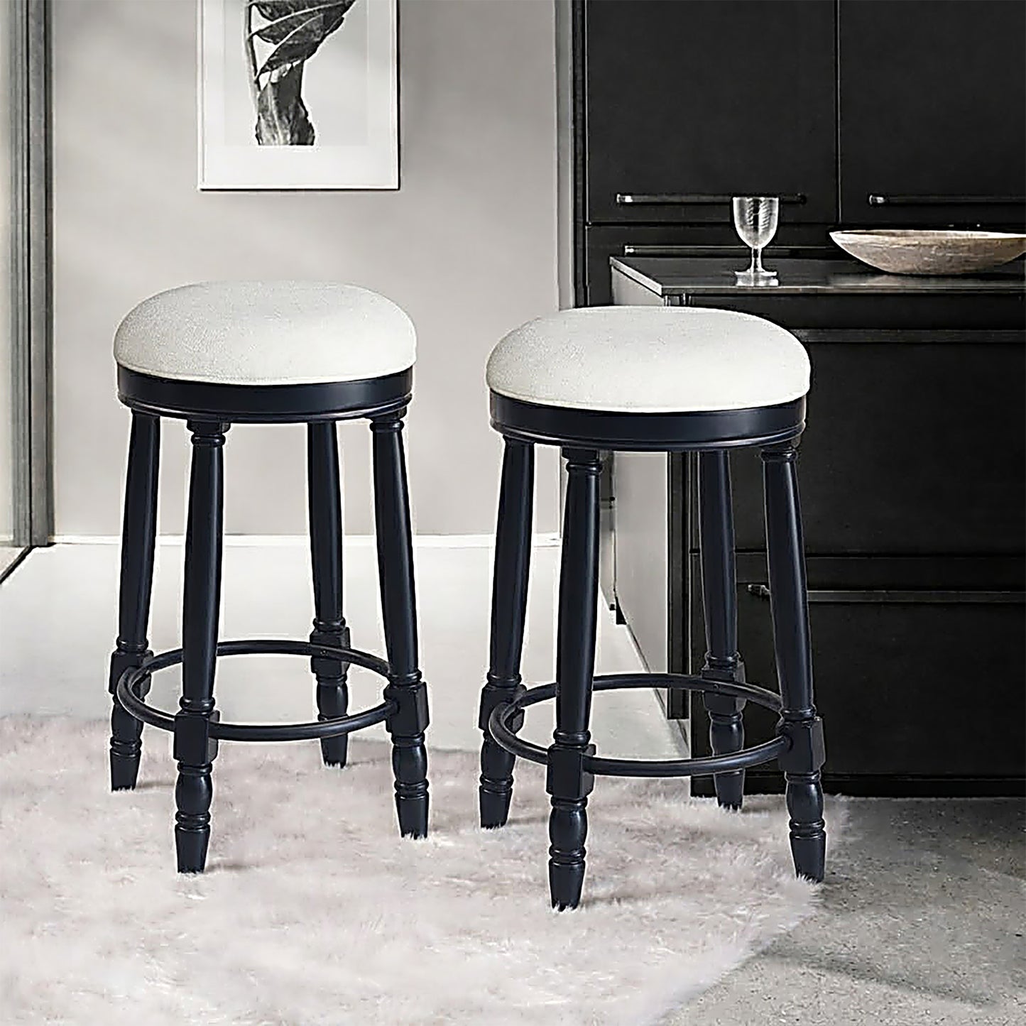 AGODY Bar Stools Set of 2, 26" Counter Height, 360° Swivel Wooden Barstool with Fabric Upholstered Seat, BLACK Finish, Stylish Accent for Kitchen, Dining, and Living Room