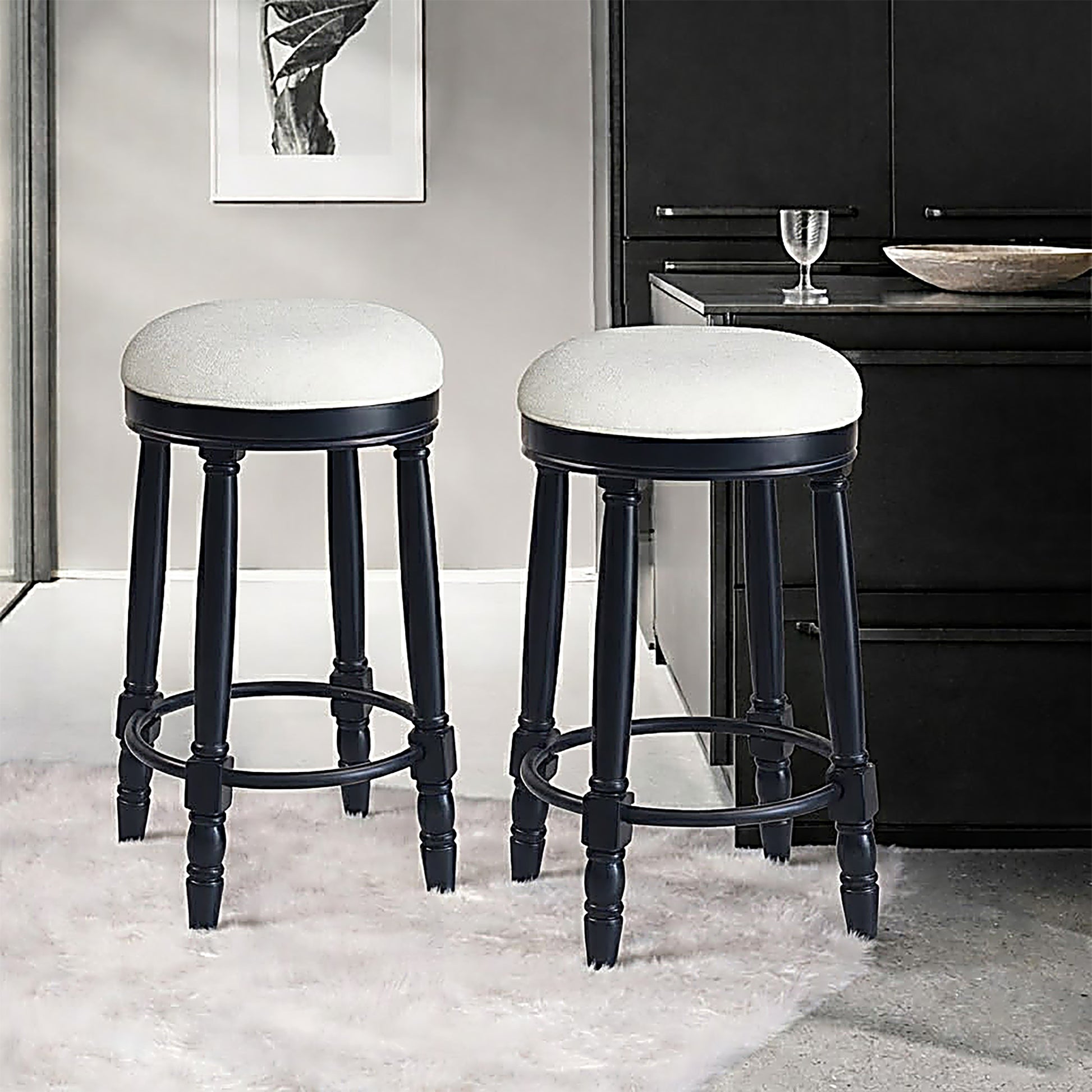 AGODY Bar Stools Set of 2, 26" Counter Height, 360° Swivel Wooden Barstool with Fabric Upholstered Seat, BLACK Finish, Stylish Accent for Kitchen, Dining, and Living Room
