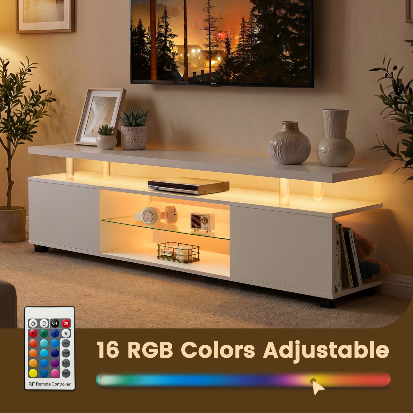 White Engineered Wood TV Console with Storage for Living Room
