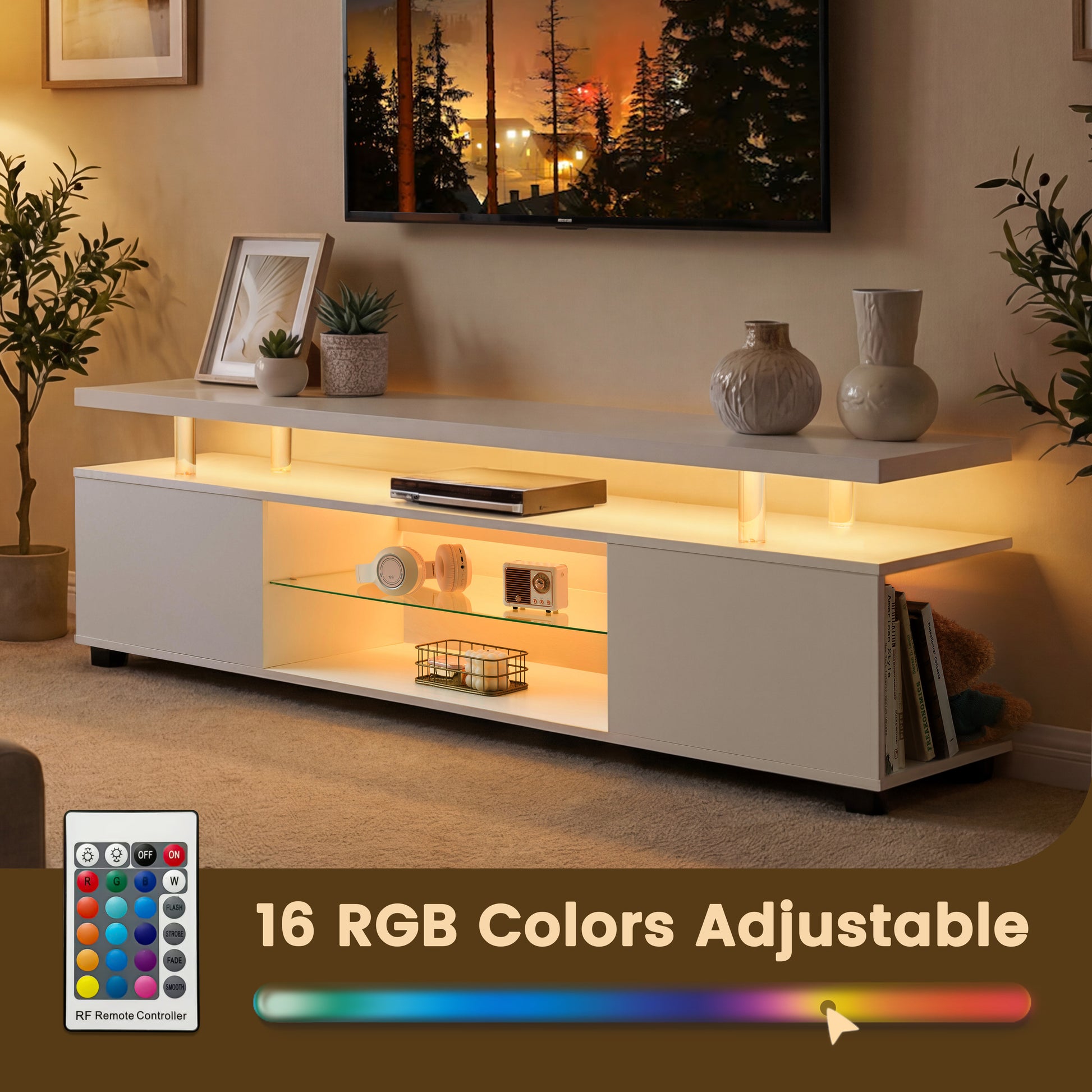 White Engineered Wood TV Console with Storage for Living Room